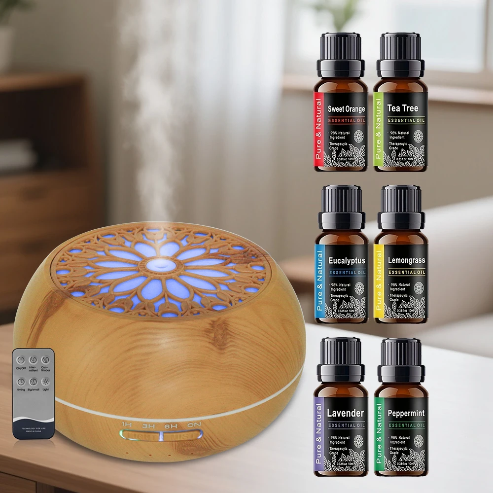 

Диффузор эфирного масла емкостью 550 мл включает 6 масел, с технологией звуковой волны, дистанционное управление и автоматическое отключение для дома, офиса, B.