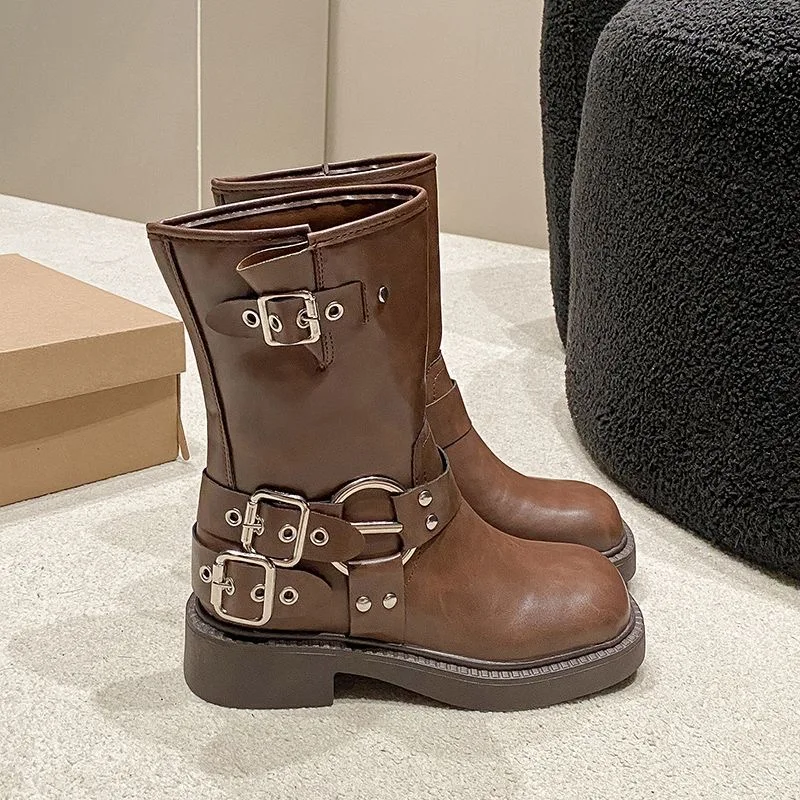 

Women's Mid-Calf Boots High Quality Casual Leather Boot Retro Brown Black Western Cowboy Boots British Style Knight Boots Botas
