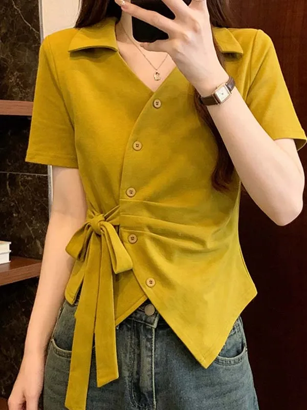 

Summer New Style plus Size Women's T-shirt Cute Wind Short Sleeve Waist Cinched Irregular Fashionable Breathable Skin-friendly