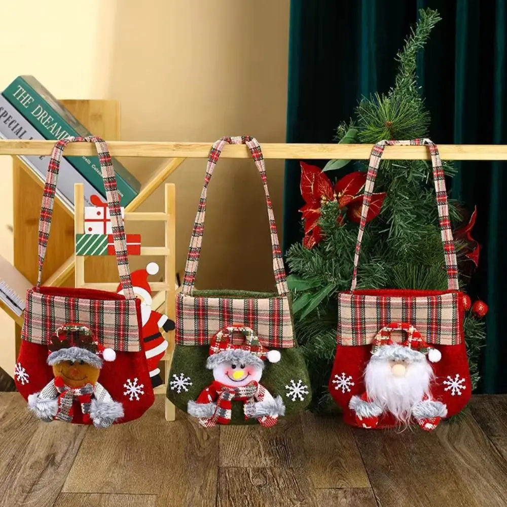 Plaid Trim Christmas Gift Bag Long Carry Handles Applique Decoration Holiday Gift Bag Open Top Christmas Tote Bag Candy Storage