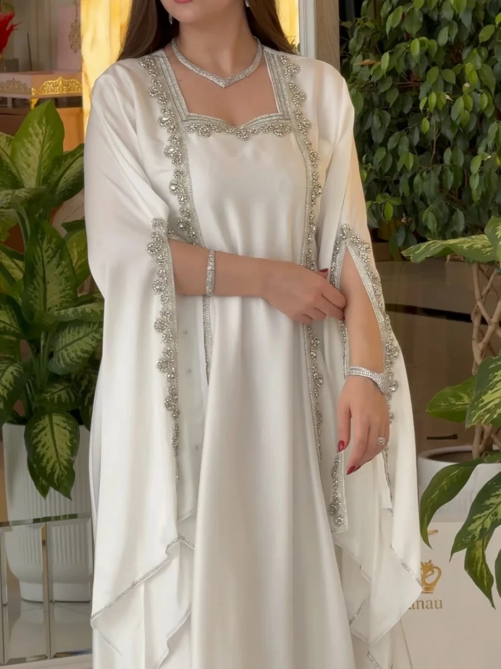 White Muslim Beaded Evening Dress Kaftan Luxurious A Line Prom Gown Women Wedding Party Elegant Customized Lace Caftan Robe