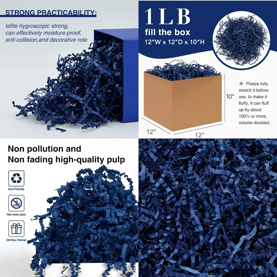 Relleno de trituración de papel de corte arrugado de 1LB para caja de regalo, bolsa y decoración de cesta en el día del padre, azul marino, ideal para embalaje de toma