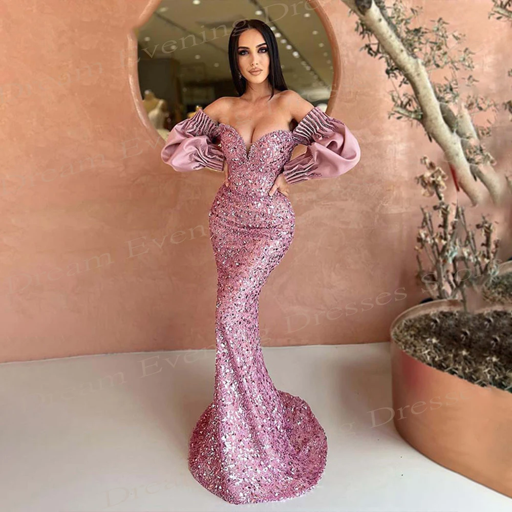 

2024 Luxurious Shiny Pink Women's Mermaid Beautiful Evening Dresses Long Sleeve Sparkling Prom Gowns Sequined Vestido De Festa