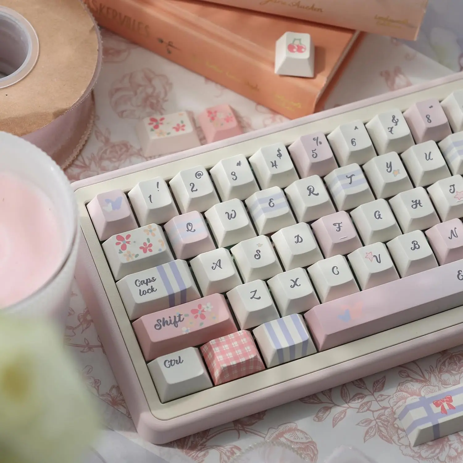 

152 Keys PBT Dye-Sub Keycaps Cherry Profile Pink Lattice Garden Keycaps Set Fit for 61/64/87/104/108 Cherry Mx Switches ISO ANSI