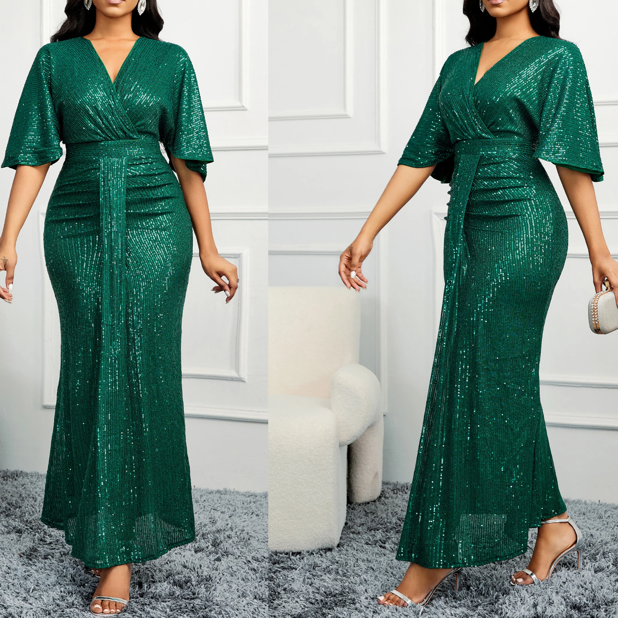 

Women's high waisted V-neck sequined evening dress, fashionable mid long sleeved slim fit long dress, banquet cocktail party dre