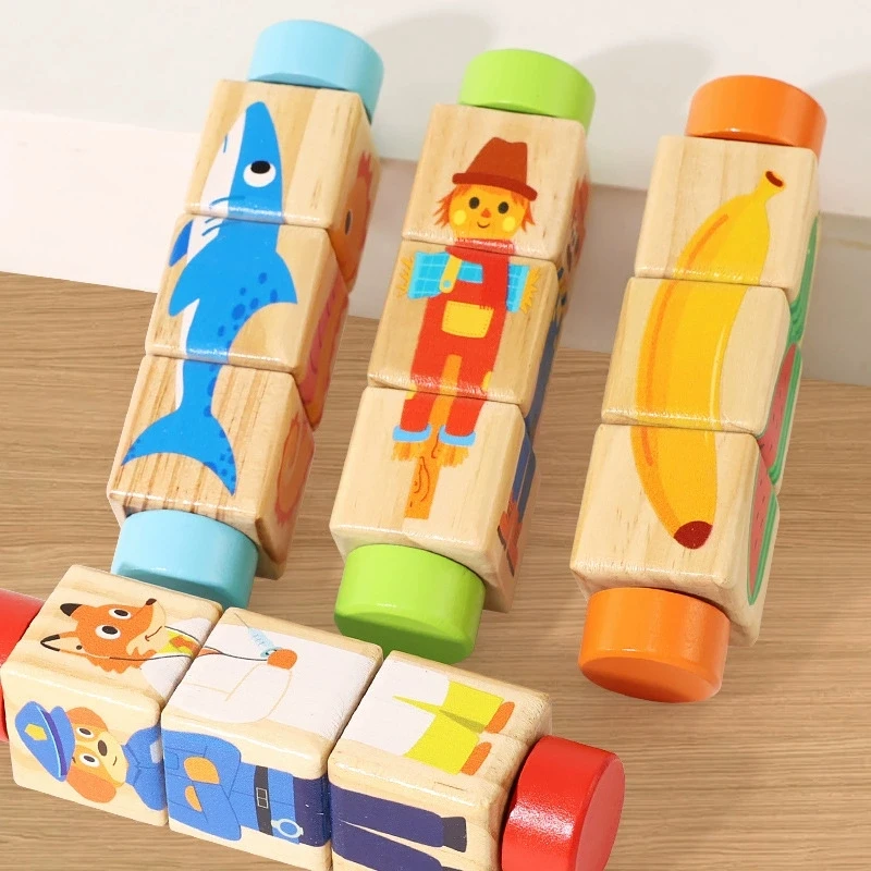 4-in-1 rotierendes Holzpuzzle Cartoon Tier Obst passende Holzbausteine Montessori Lernspielzeug für Kinder