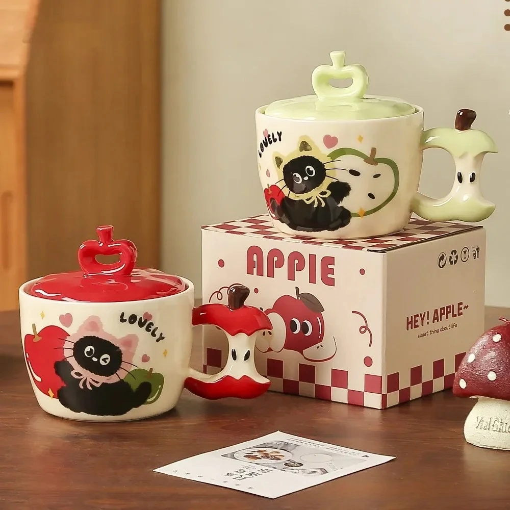 

3D Apple Mug, Creative Cat Ceramic Cup with Lid, High-value Breakfast Cup Souvenir Christmas Gift Drinkware