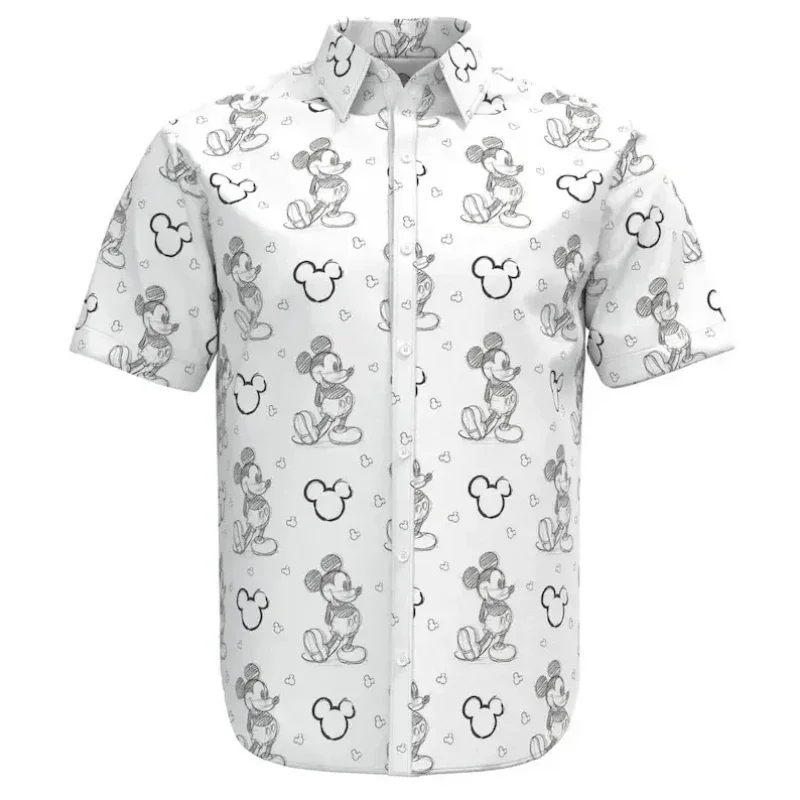 2024 New Disney Hawaiian Shirt Fashion Mickey Mouse Sketch Doodle Shirt Disneyland Short Sleeve Button Shirt Casual