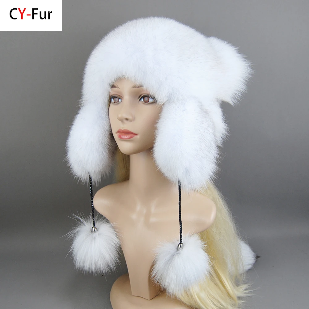 

2025 Winter Fur Hat For Women Hat With Ear Real Fox Fur Caps Russian Luxury Women Bomber Hats Bonnets Trapper Cap Camo Fox Hat