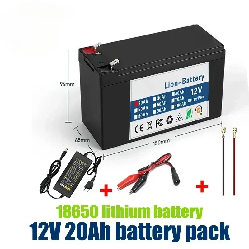 Upgraded 12v 20Ah 18650 Li Ion Battery Electric Vehicle Lithium Battery Pack 9V- 12V 25000mAh Built-in BMS 80A High Current