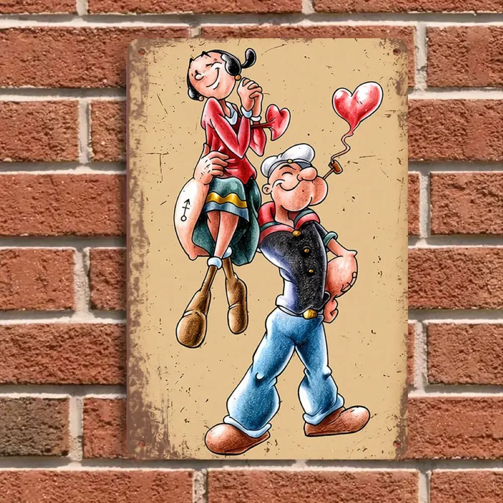 1 pieza de pintura decorativa de hierro retro con dibujos animados clásicos en 2D de Popeye y Oliver, estilo nostálgico, para decoración de pared en sala de estar, dormitorio o bar.