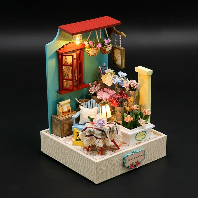 Kit de modelo en miniatura de madera DIY, estación de pastel, Casa de muñecas, rompecabezas 3D, flor, Casa de muñecas con muebles, luces para regalos de amigos