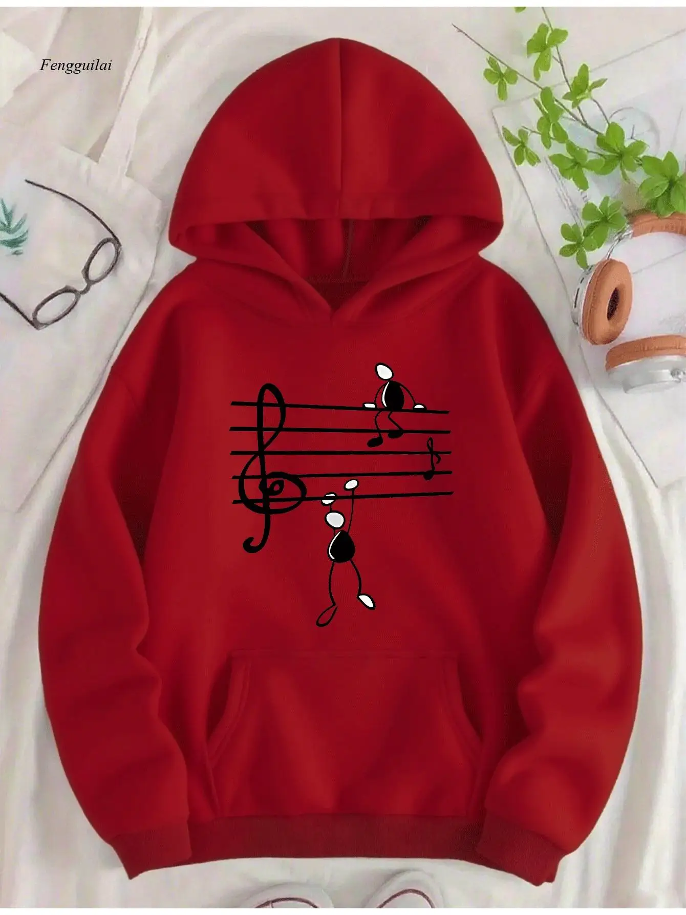 Music Note & Treble Clef Print Hooded Sweatshirt - Green Music Staff Design with Treble Clef & Staff Lines