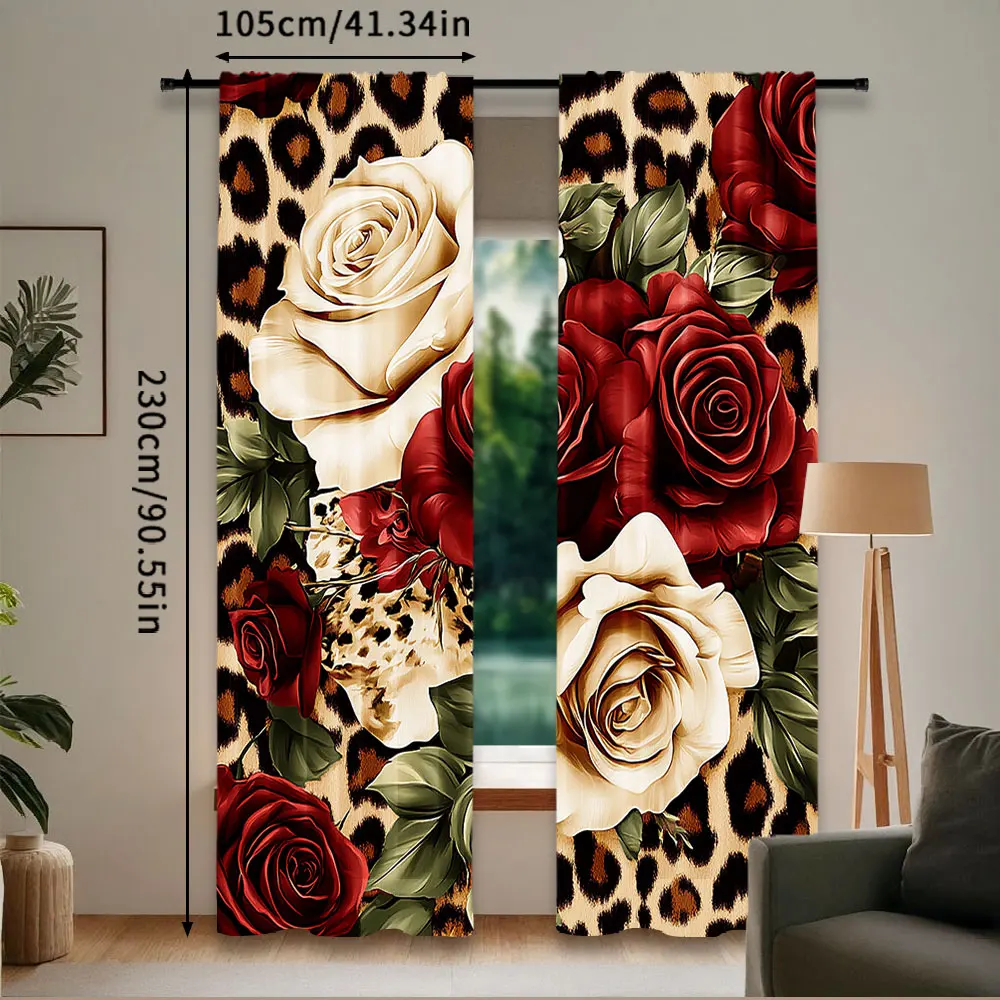 2Pcs Leopard Curtain Red And White Rose Floral Curtain Women Lover Romantic Floral Botanical For Bedroom Living Room And Dining