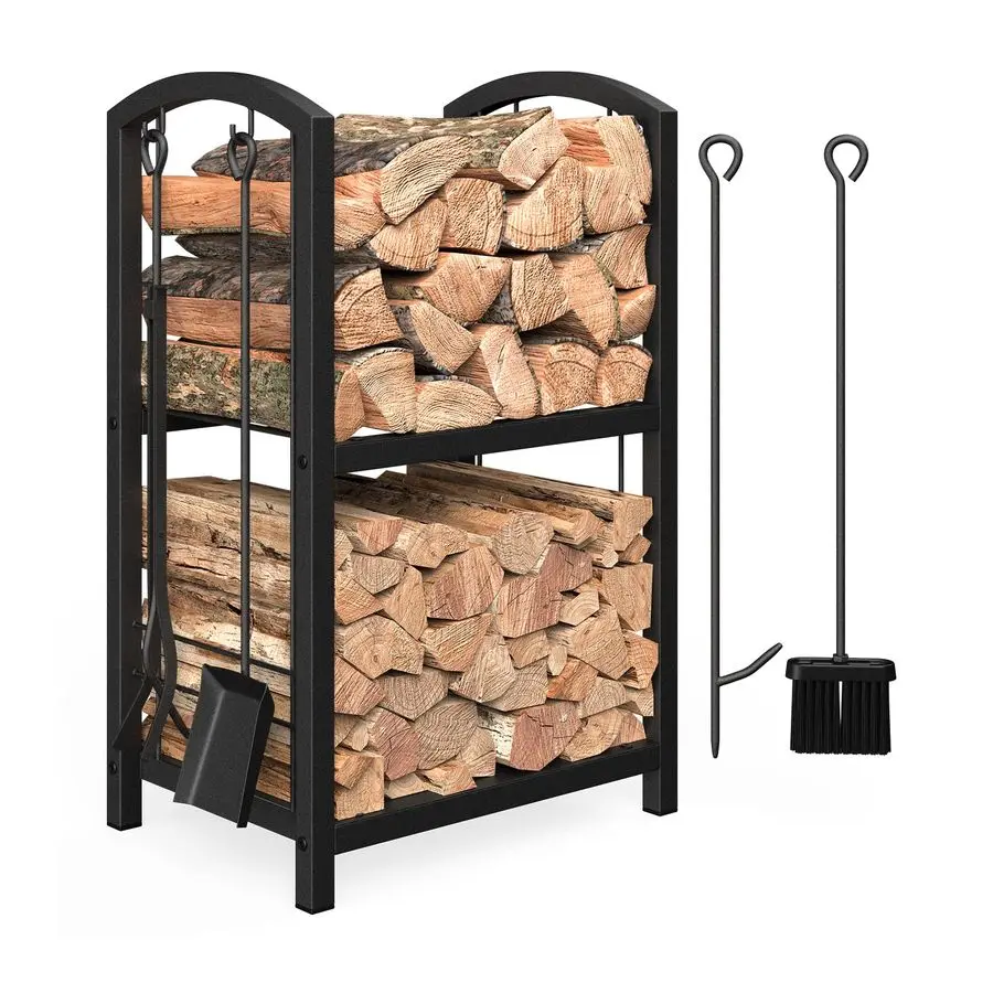 

Mr IRONSTONE Firewood Rack with Fireplace Tools Set, Fireplace Tool Rack for Indoor Outdoor Fire Log Holder Wrought Iron Large