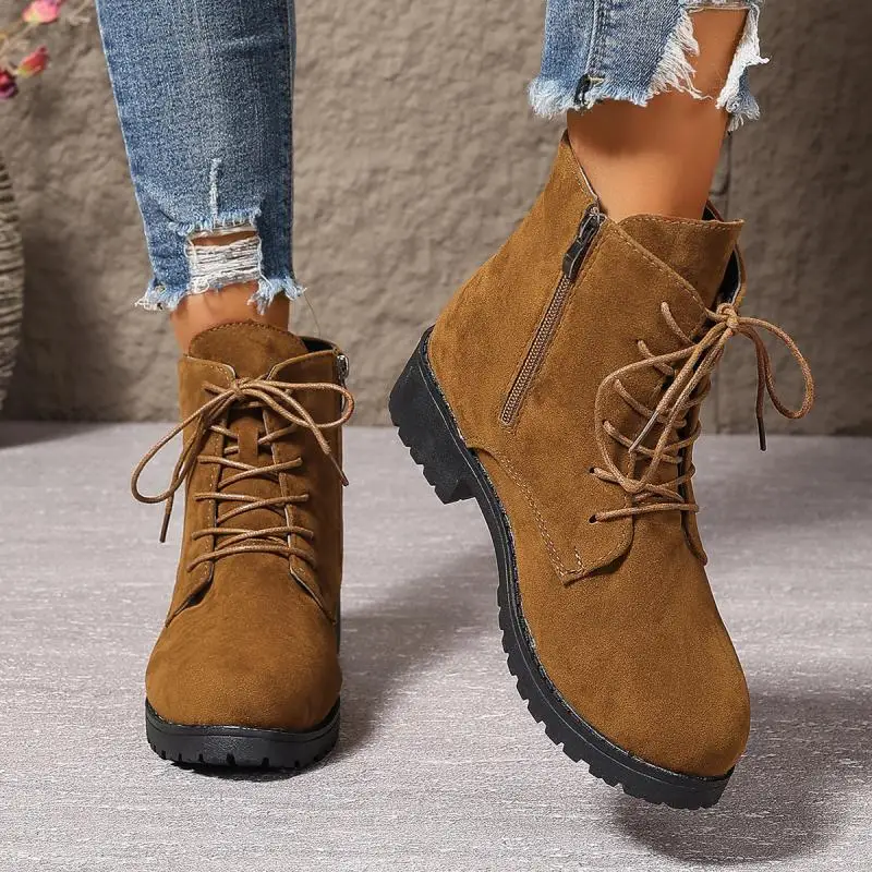 Retro Western Women Faux Suede Low Heels Ankle Boots Thick Sole Waterproof Woman Heighten Shoes Autumn Winter Warm Snow Boots