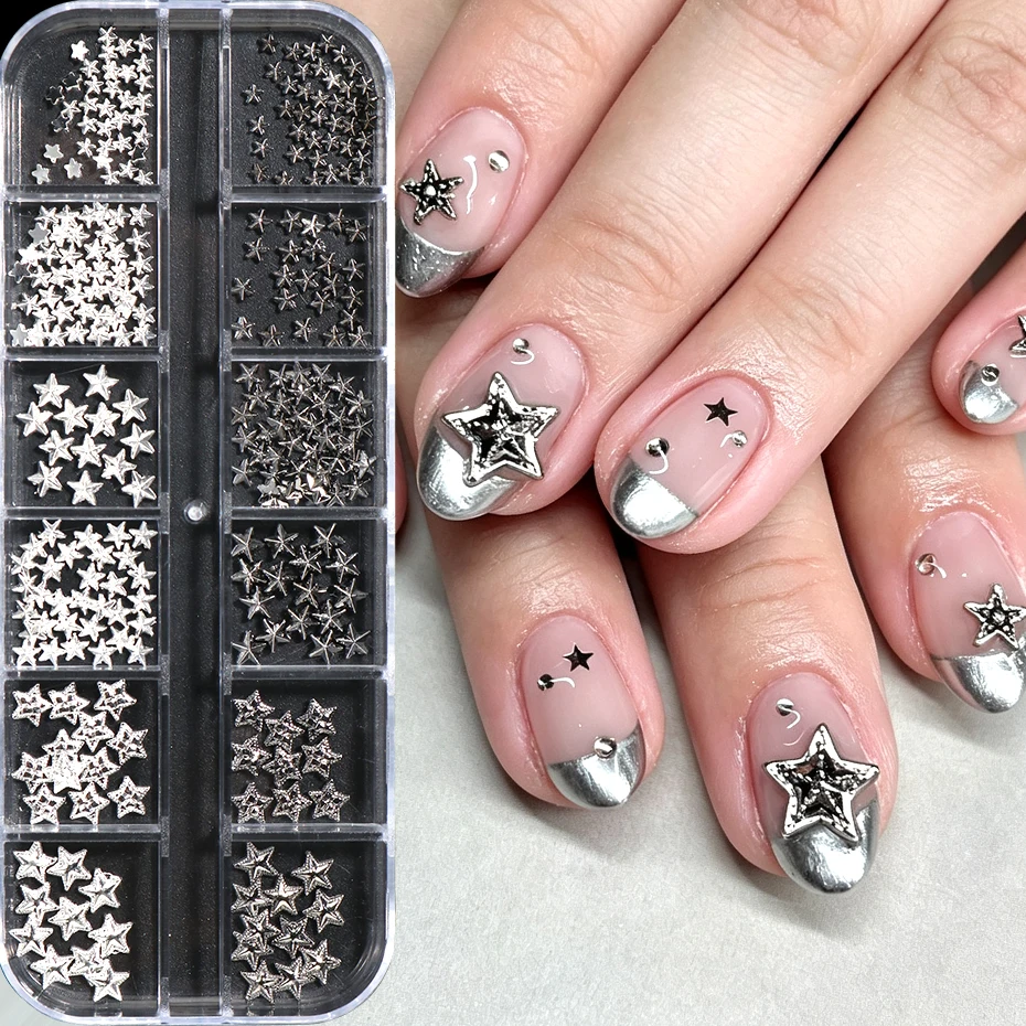 12 Grids Punk Silvery Star Rivets Style Nail Charms Y2K Metal Five-pointed Starlight Rivets Nail Art Decoration Nail Accessories
