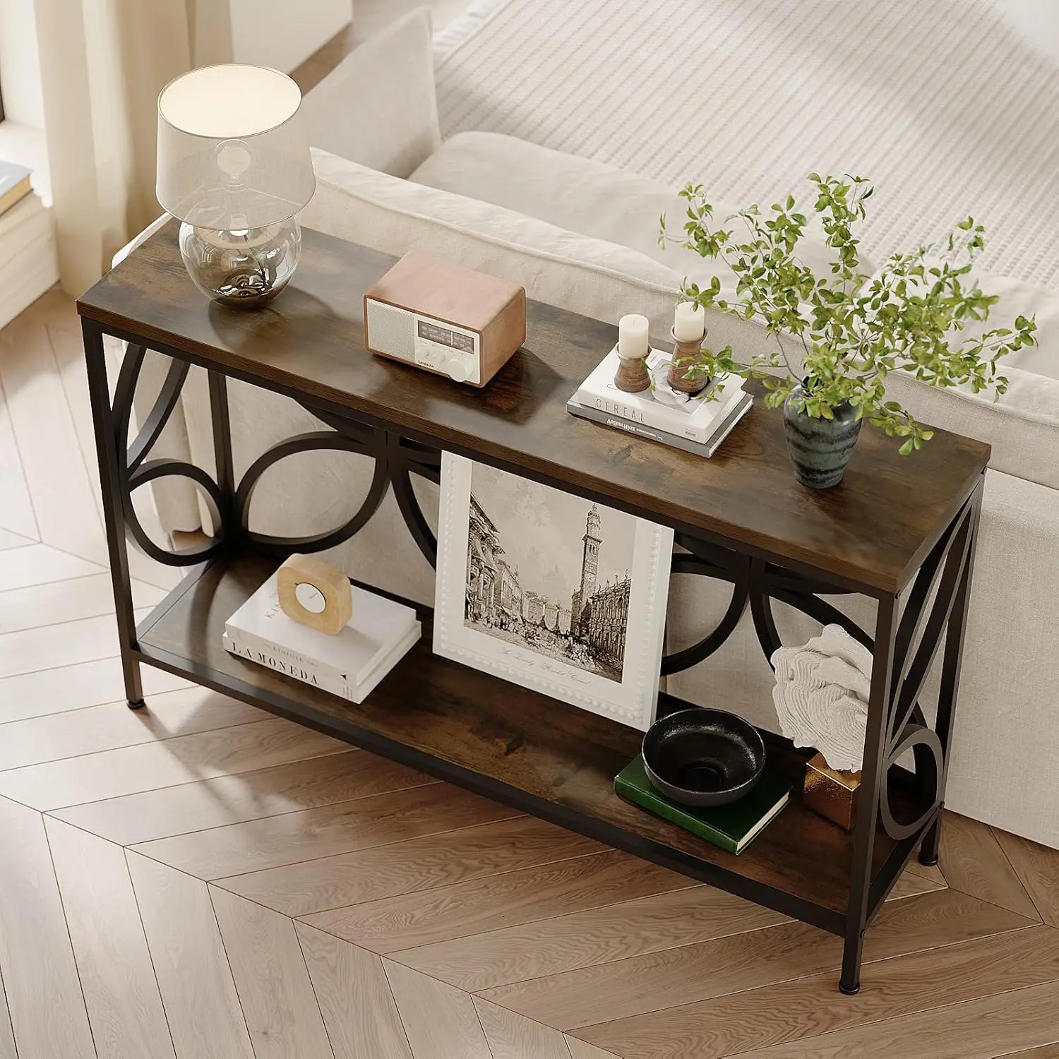 좁은 소파 테이블 47.2인치, 소파 뒤의 산업용 소파 테이블, 출입구용 보관함이 있는 빈티지 출입구 콘솔 테이블, 거실