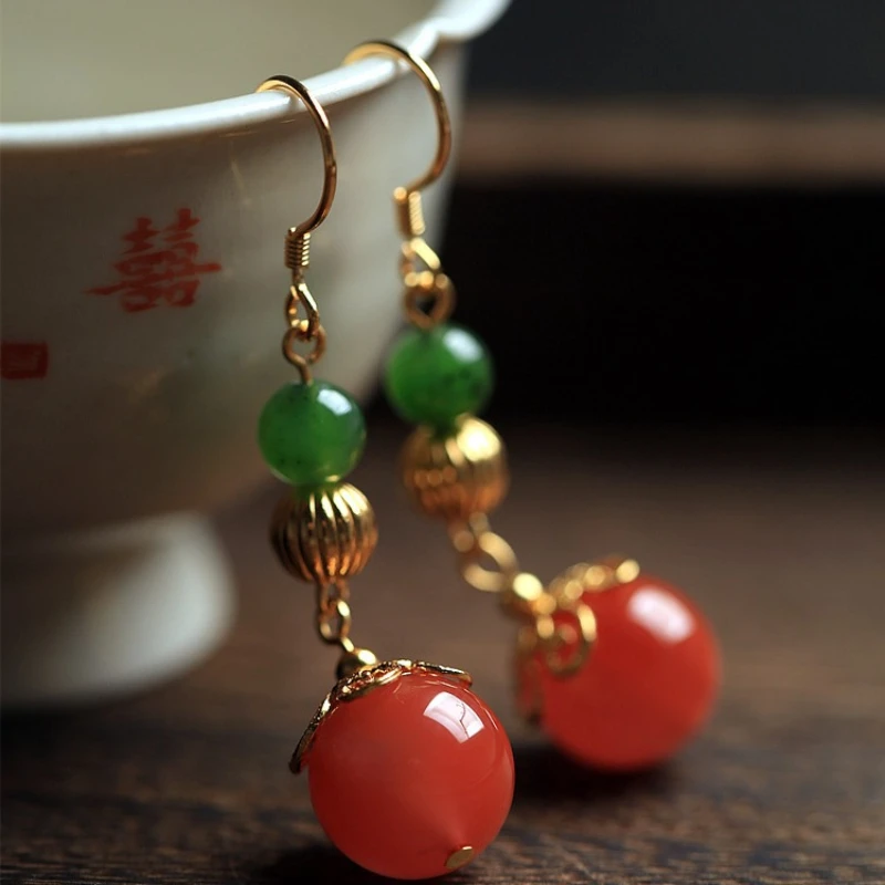 

Chinese Style Southern Red Agate Jade Marrow Women's Earrings with A Classical Charm