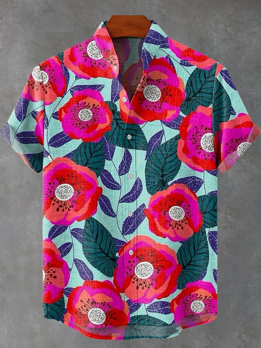 

Retro geometric pattern art 3D printing pattern casual linen men's summer short sleeved button up shirt hot selling item