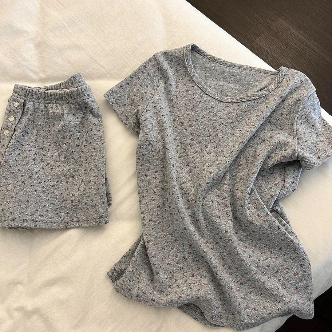 Summer Women's Sleepwear Home Suit Set with Light Floral Round Neck, Comfortable Short Sleeved Shorts, Sleepwear Home Suit Set 4