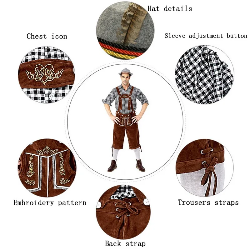 Germany Oktoberfest Costumes Adult Men Traditional Bavarian Beer Shorts Outfit Overalls Shirt Hat Suspenders Set Halloween Cloth