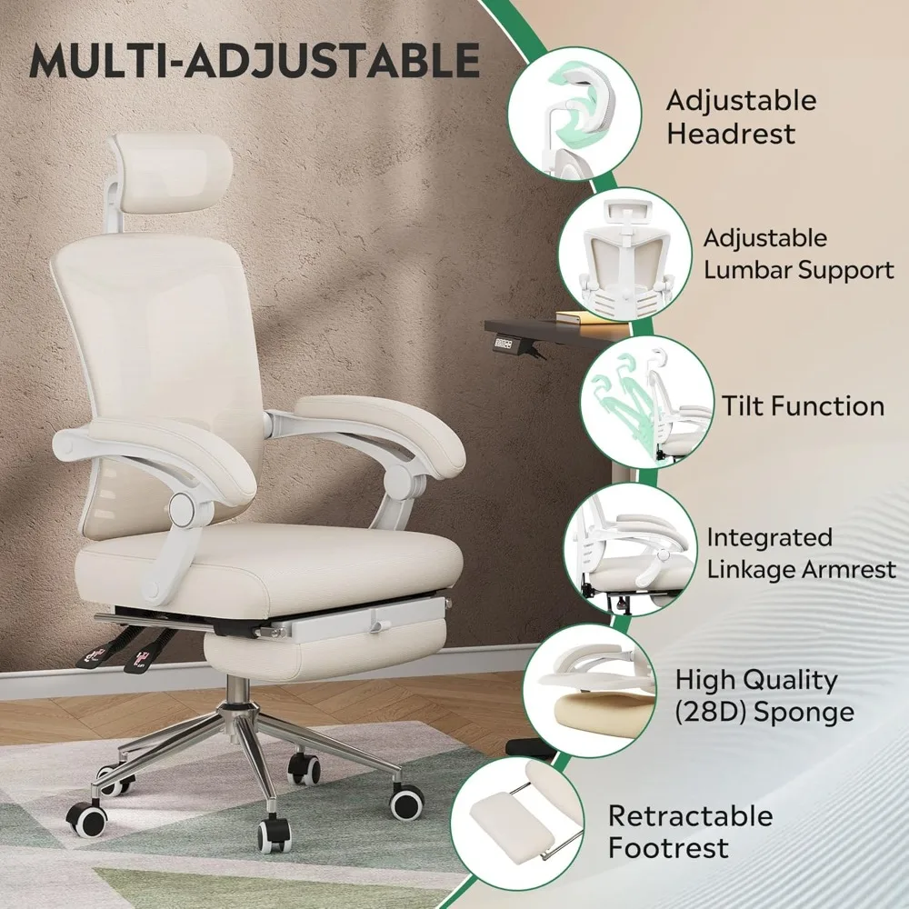 كرسي مكتب شبكي مريح مع مسند للقدمين، كرسي كمبيوتر مريح كبير وطويل القامة مع قطني قابل للتعديل