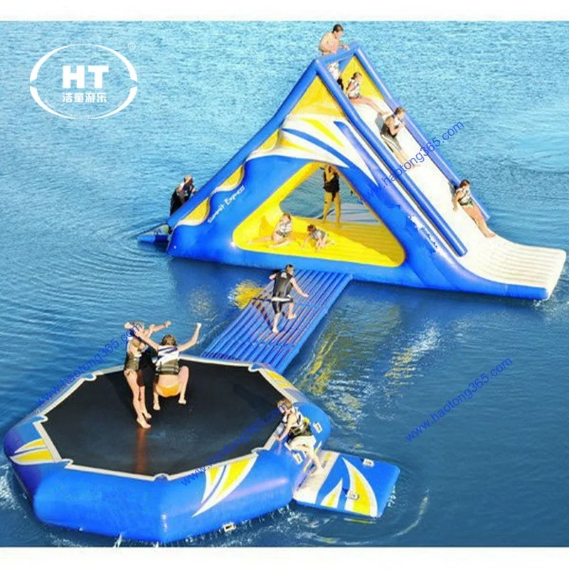 Inflatable water play equipment trampoline combo with launch slide for park