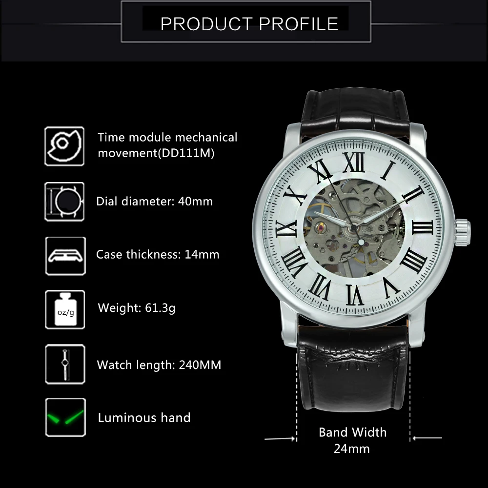 WINNER Business Mechanical Watches Fashion Minimalist Skeleton Watch for Men Luxury Brand Leather Belt Luminous Hands Wristwatch