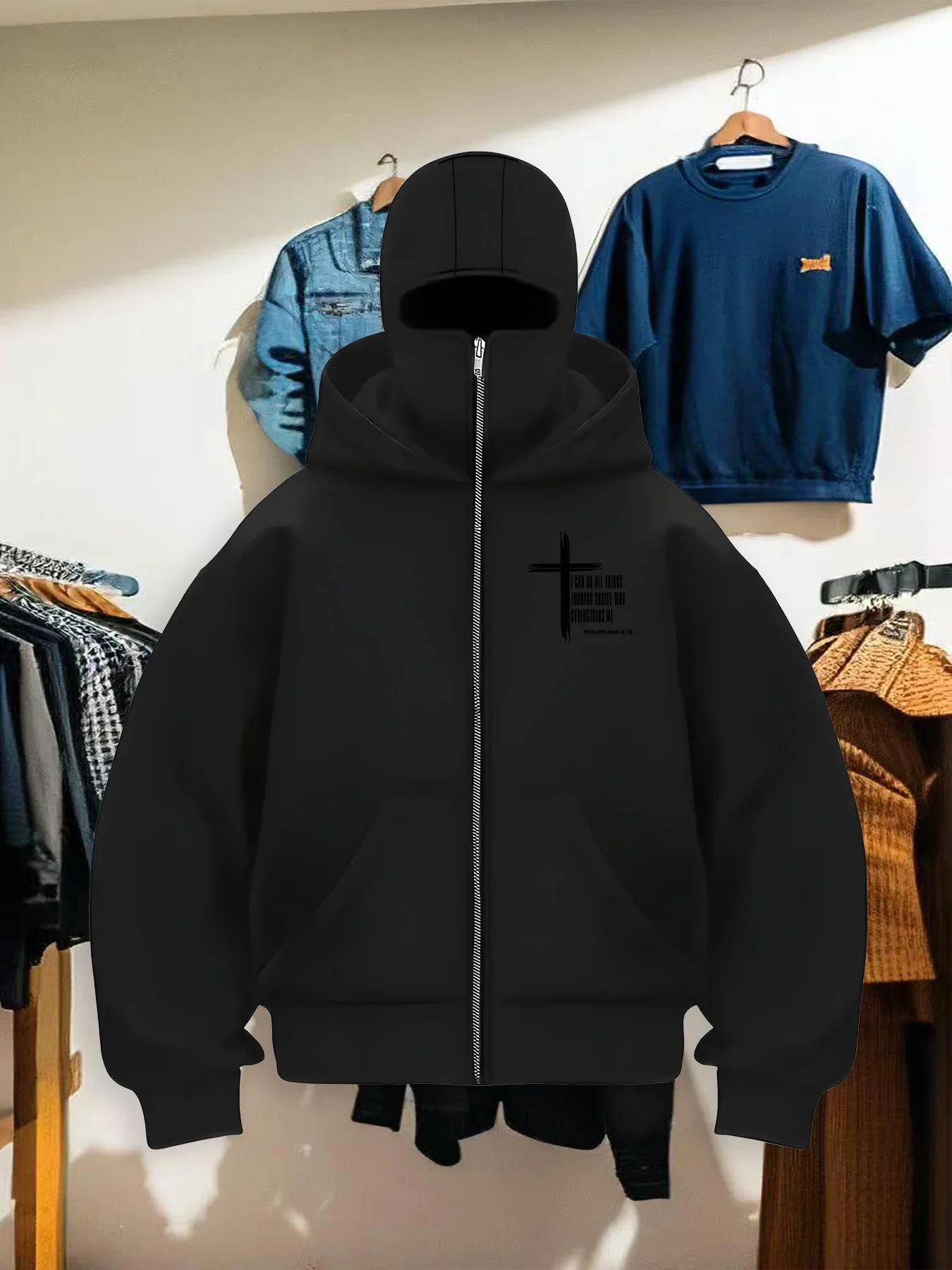 Autumn and winter hooded warm hoodies for men and women, featuring cross patterned printed fabric for warmth and comfort