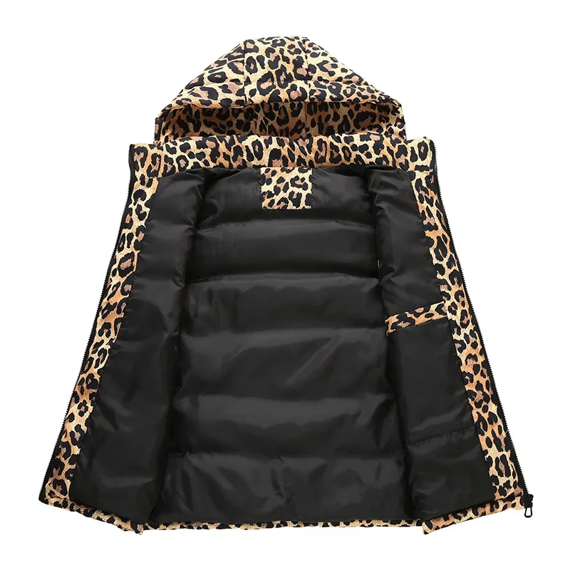 Winter Sleeveless Jacket Men Leopard Print Outerwear Vest Jacket Zipper Warm Thick Down Cotton Hooded Vest Man Slim Fit Coat