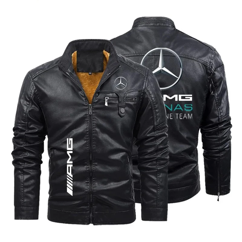 

Mercedes Benz Logo Printed Retro Washed PU Leather Jacket Windproof Mercedes AMG Men's Solid Color Jacket Team Work Uniform
