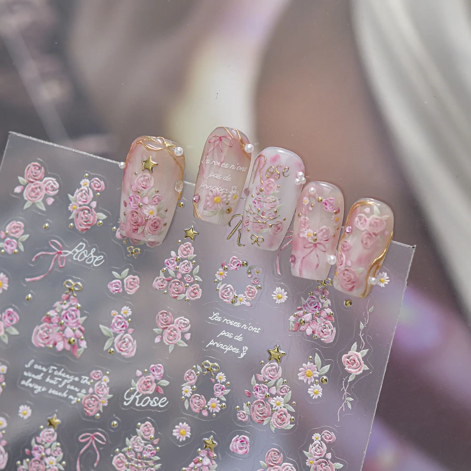 Nail Art Stickers Metallic Romantic Floral Rose Christmas Adhesive Decals Lightweight Colorful DIY Manicure Decoration Holiday