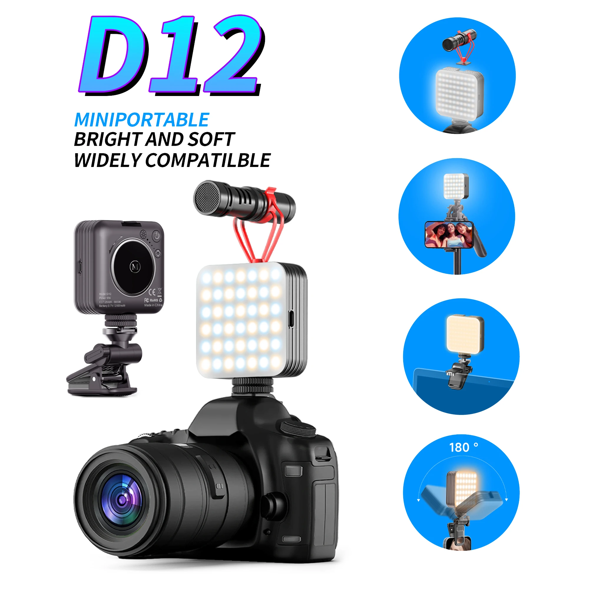 New D12 D12s Rechargeable Video Light Portable Clip Pocket LED Selfie Fill Light 2000mAh for Phone Camera Laptop Tablet