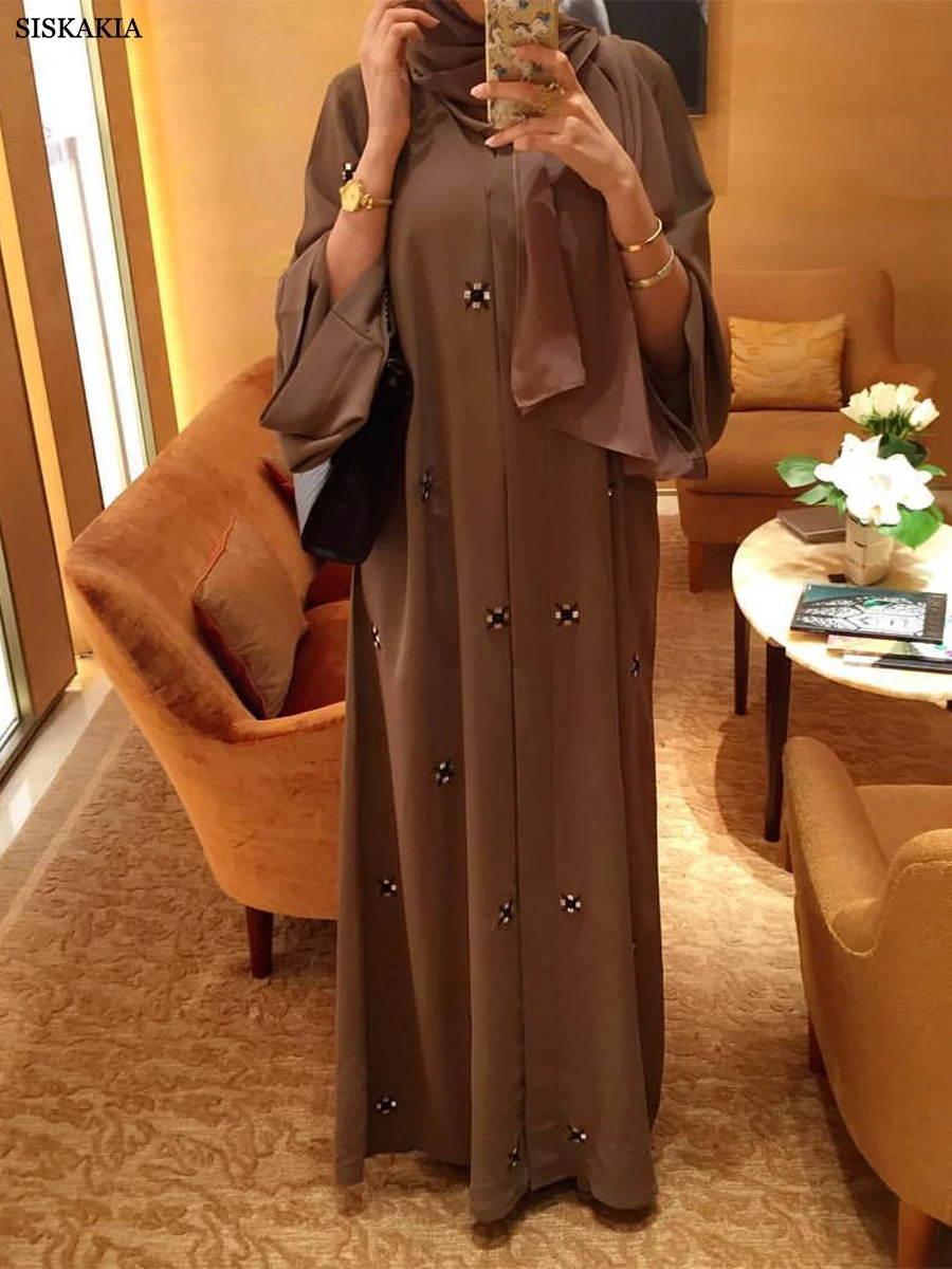 Siskakia Moroccan African Women Solid Beading Open Kimono Abaya With Sashes Daily Casual Loose Muslim Turkish Dubai Clothing