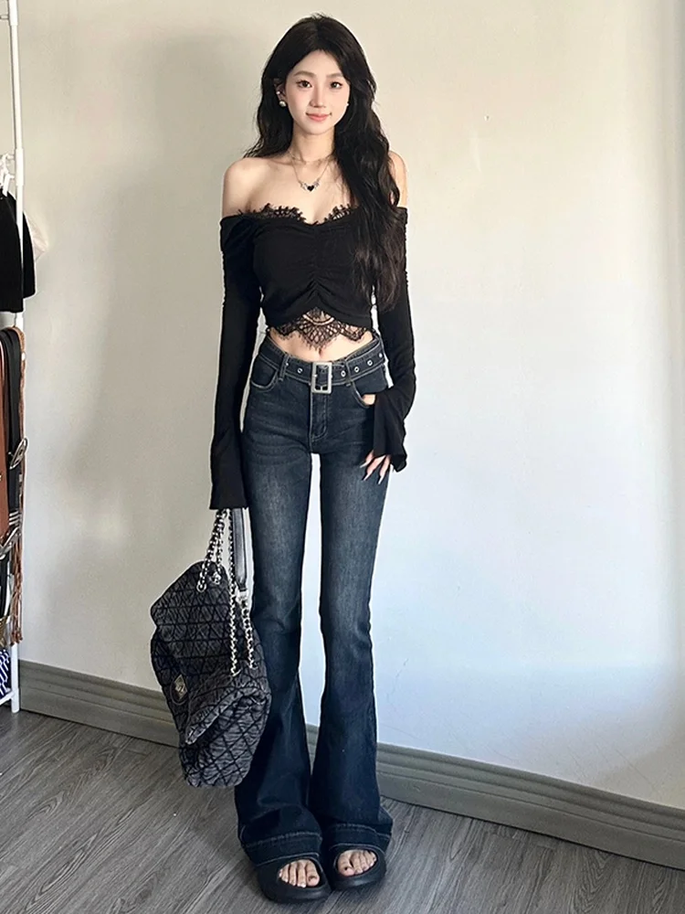 

American Retro High Waist Extended Low Waist Sexy Micro Flared Jeans Women Slimming Elastic Floor-Length Pants