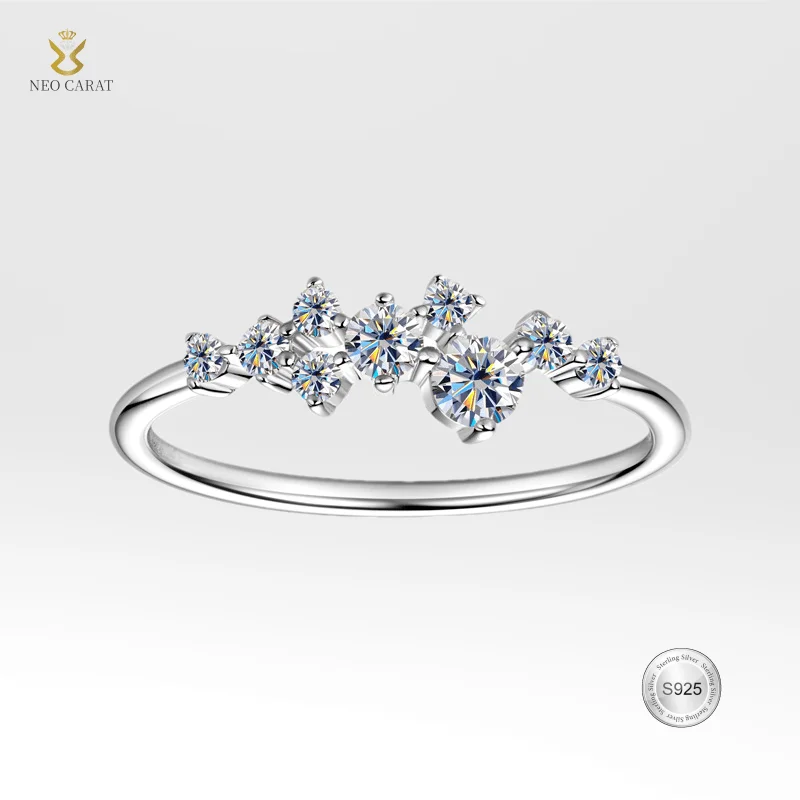 925 Sterling Silver Moissanite Ring, D-Color VVS1 Brilliant Cluster Band Dainty Stackable Minimalist Promise Ring for Women