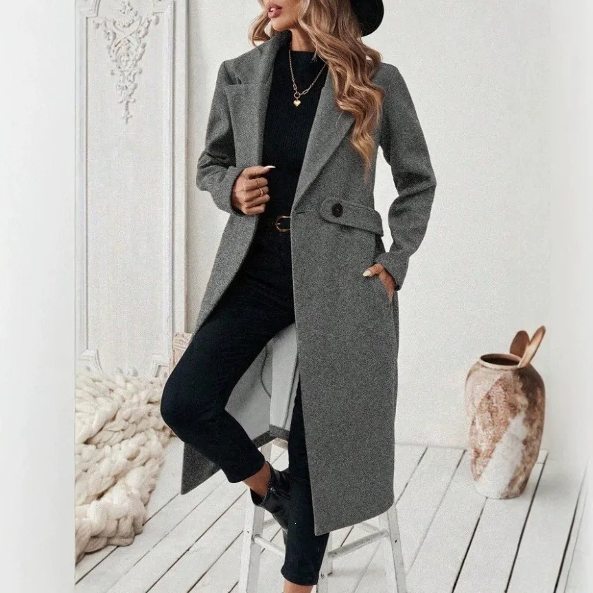 Long Length Pocket Coat Elegant Grace with Business Professional Commuter Style V Neck Long Sleeve Women Elegant Trench Coat