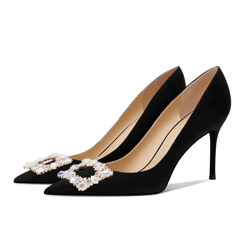 

Black Suede Pumps with Rhinestones Women Fashion Square Buckle Single Shoes Autumn Winter High Heels for Evening Party Dress