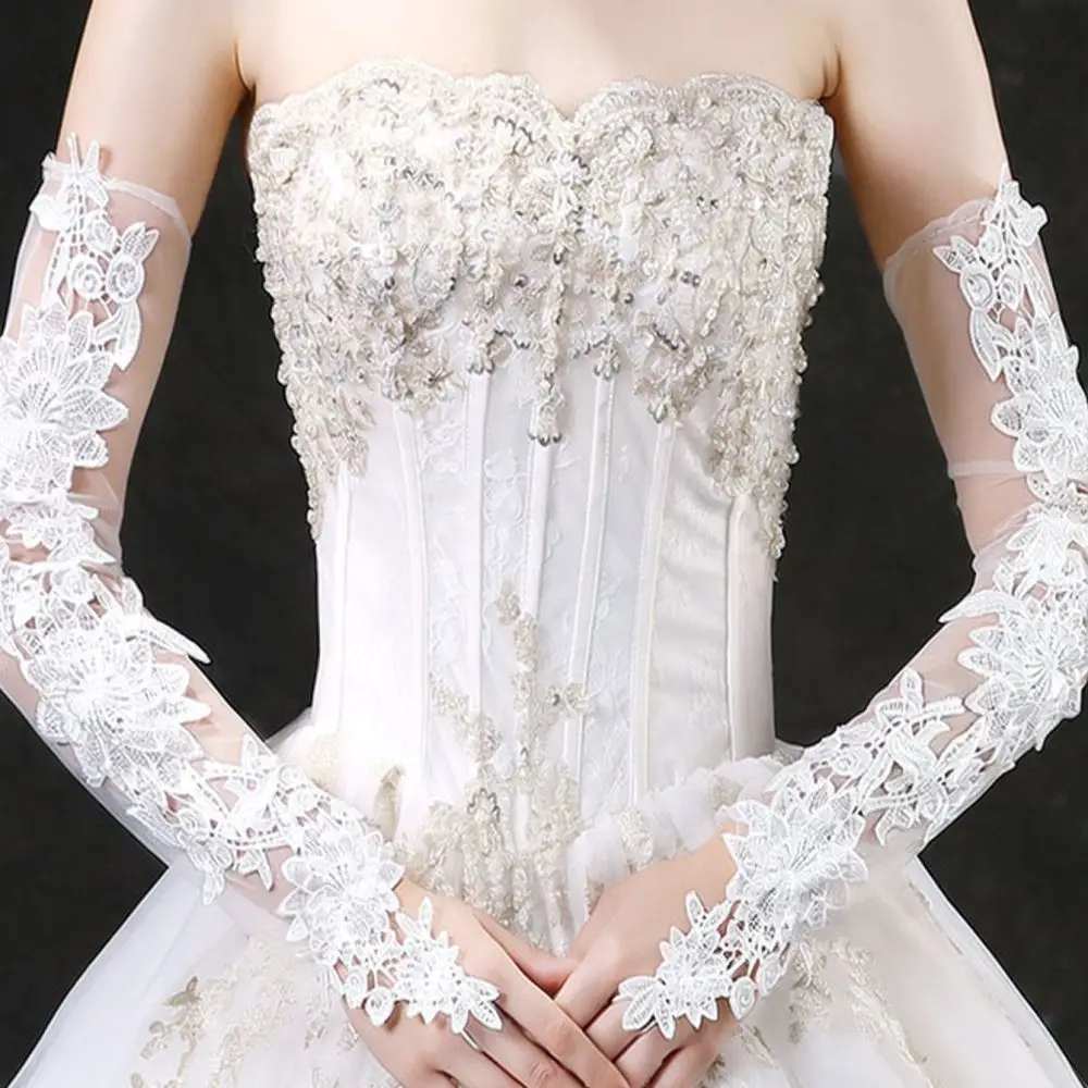 Women White Lace Gloves Long Sheer Mesh Wedding Bridal Sleeves Hollow Out Elegant Formal Dress Hand Covers