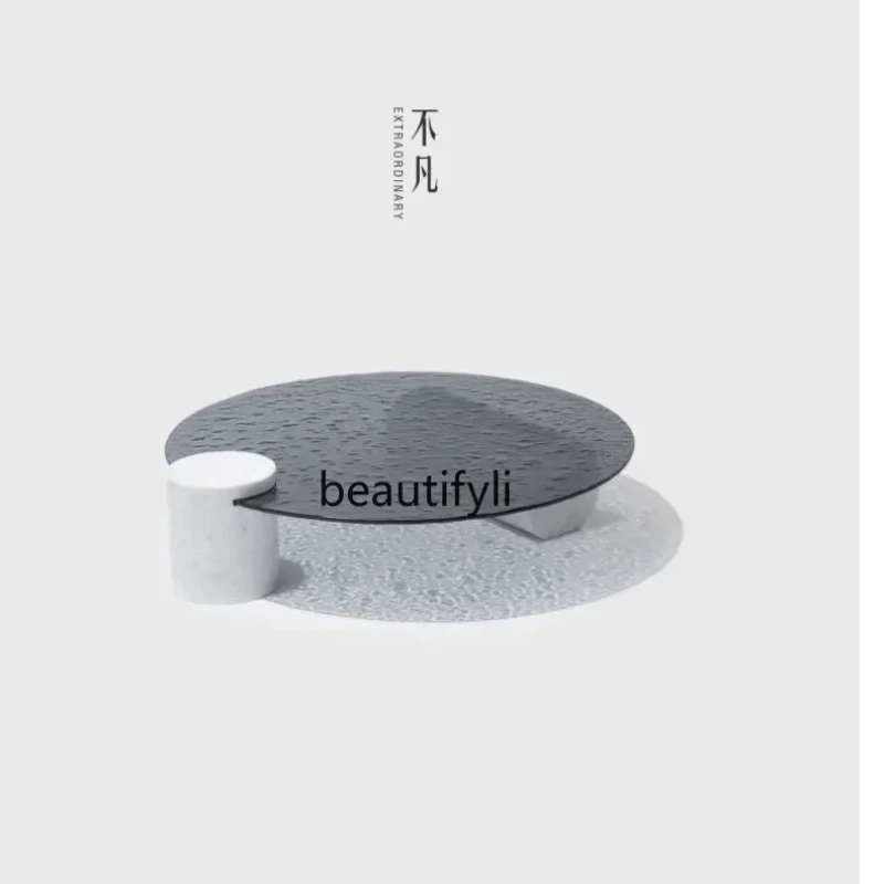 

Nordic Minimalism Designer Model Natural Marble Water Ripple Tempered Glass round Tea Table Small Apartment Living Room