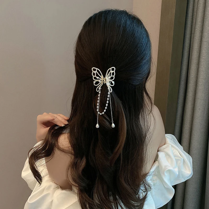 Presilha de cabelo vintage borboleta pérola borla para mulheres, strass estilo coreano, caranguejo, tubarão, rabo de cavalo, ganchos de cabelo,