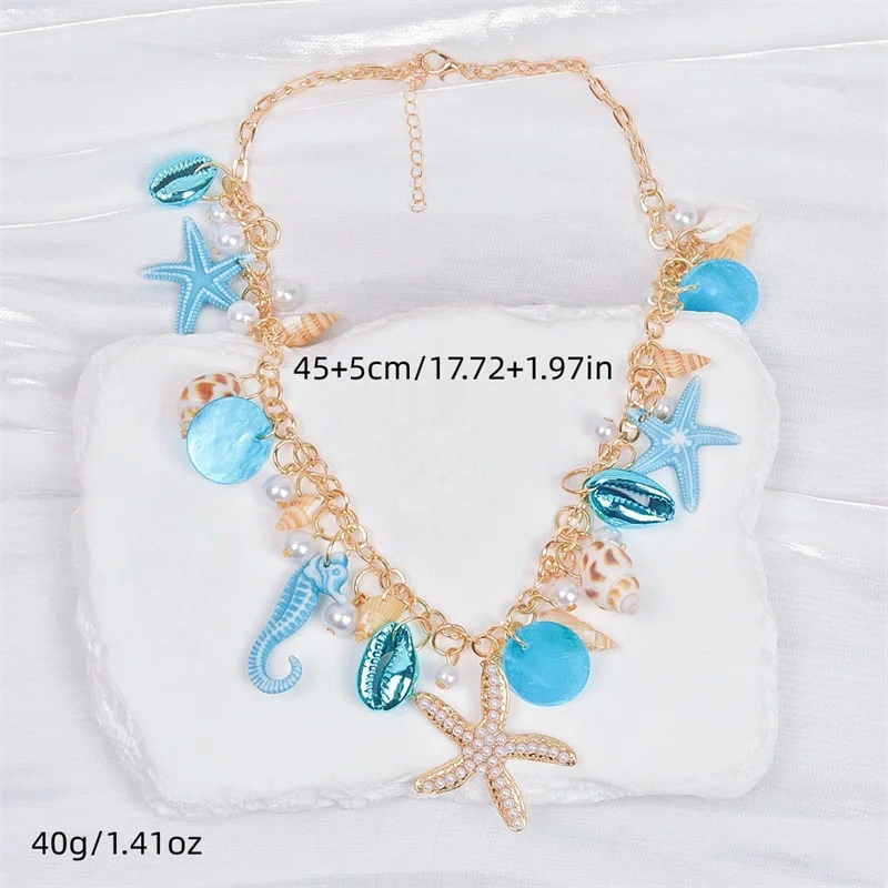 Urlaub Strand Charm Halsketten für Frauen Trendy Blau Seestern Shell Anhänger Halsketten Handgemachte Böhmen Perlen Kette Schmuck – Detail 6