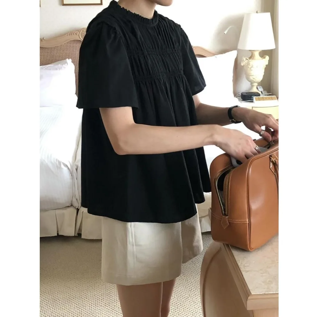 Summer Sweetened Ruffle Collar Loose Doll Shirt Women's Fashion Soft Fabric Short Sleeve Pure Color Embellished Gown
