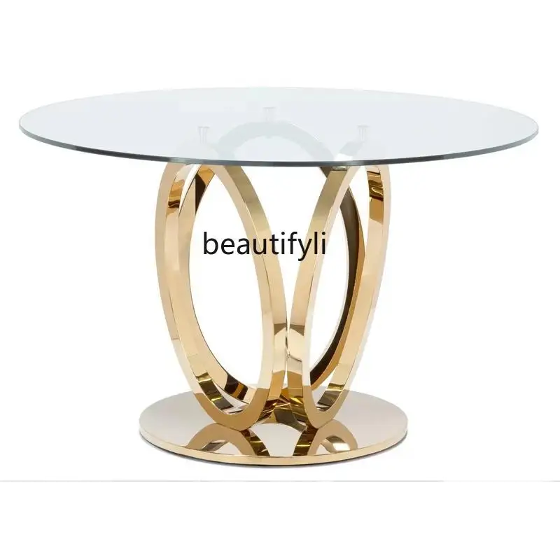 Italian minimalist tempered glass round table stainless steel household round dining table and chair combination