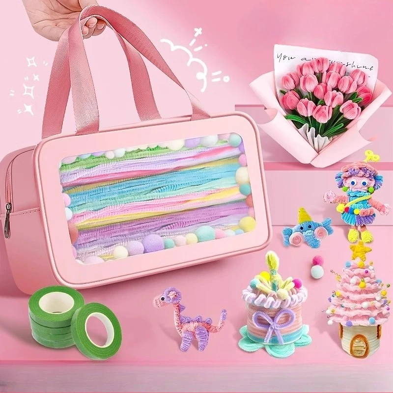 Adult Portable Twirl Stick DIY Craft Kit Childrens Hair Stems and Twists Macaroon Fur Material Set  Toys for Girls Birthday Gift