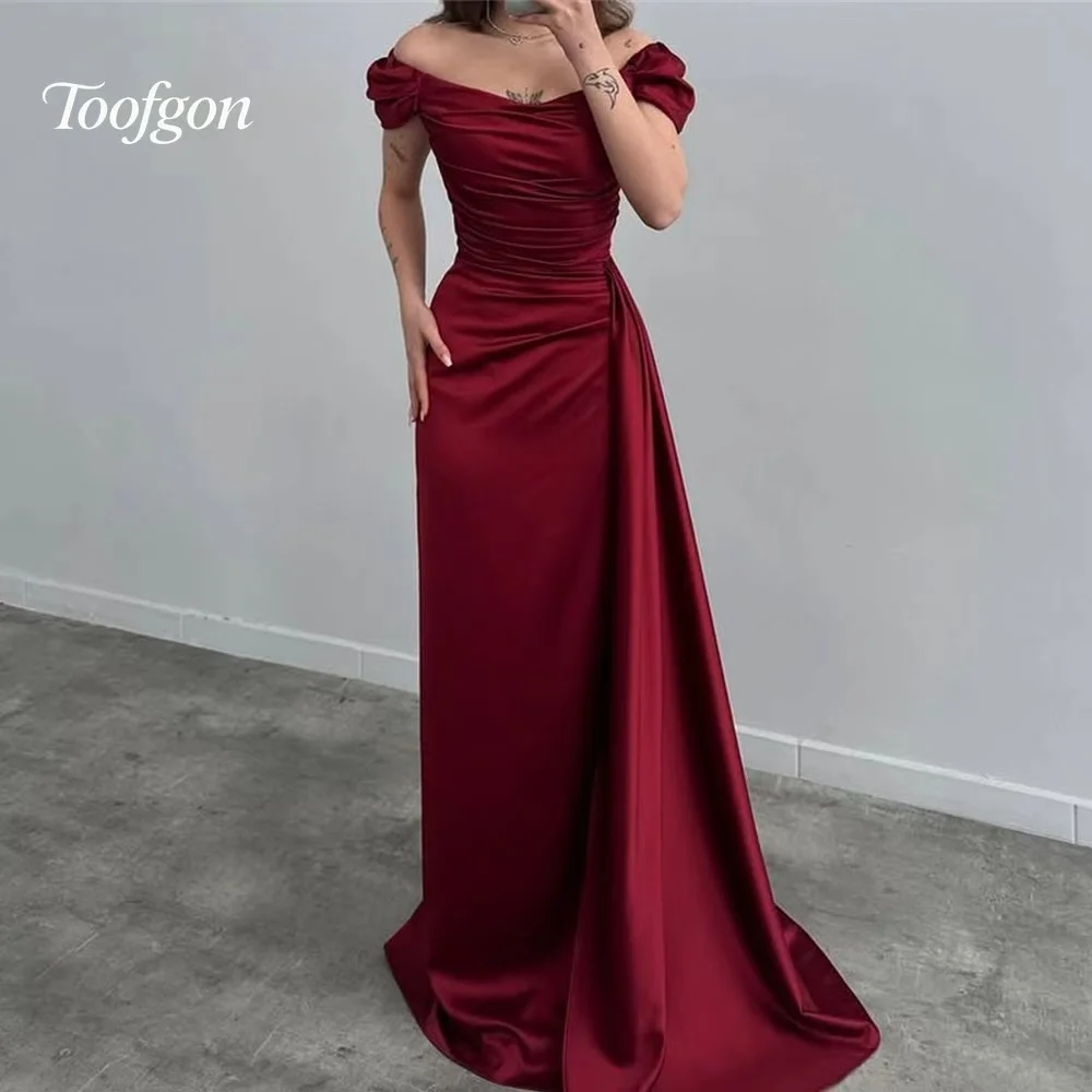 

Toofgon Burgundy Satin Customized Prom Dresses Off The Shoulder Evening Gowns Simple Occasion Wedding Party Bridesmaid Dress