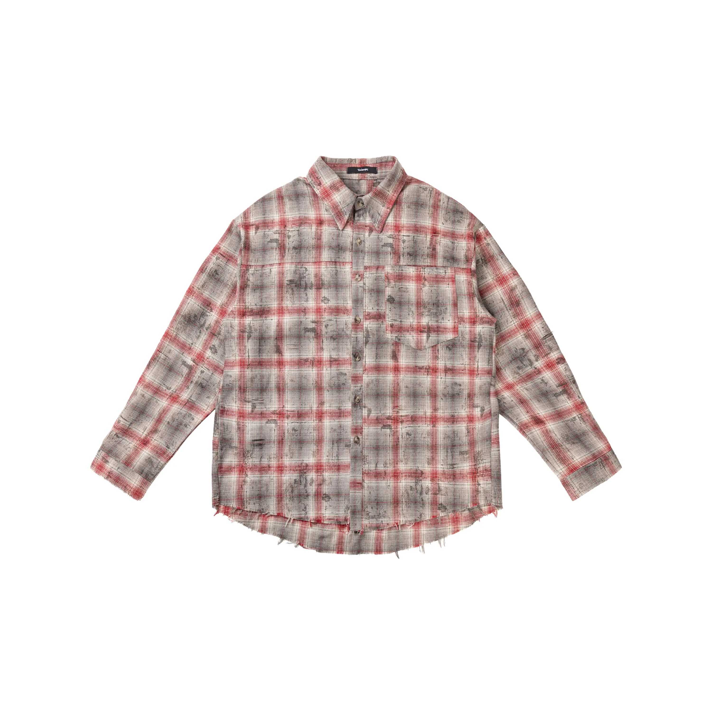 Men's high quality gradient plaid dirty stain ruined shirt