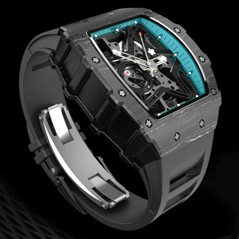 CRONUSART Men Automatic Watch 50mm Tonneau Mechanical Wristwatch Carbon Fiber Case Sapphire Mirror Luminous Skeleton Star Dial