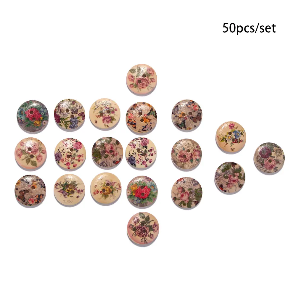 20/50 pcs/pack 20mm retro kolo dřevo smíšené dva děr knoflíků kvést potištěné střih tlačítko šicí DIY řemeslo dekorace